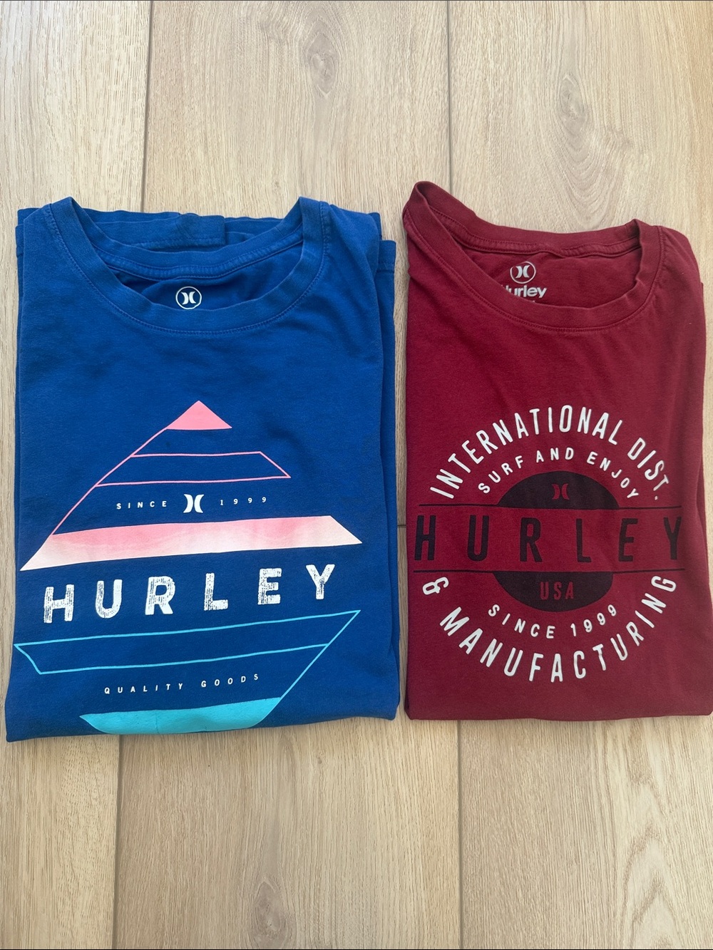 Hurley Two Men’s Graphic Tees - Maroon and Royal Blue Size Large